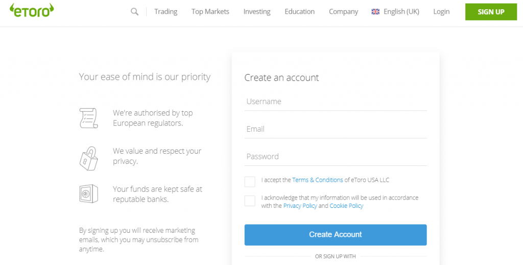 EToro Sign Up Screen